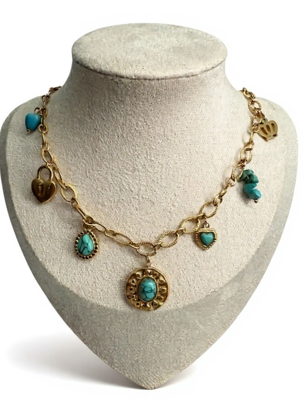 Gold-Tone Turquoise Charm Necklace - Women Jewelry Stainless Steel New